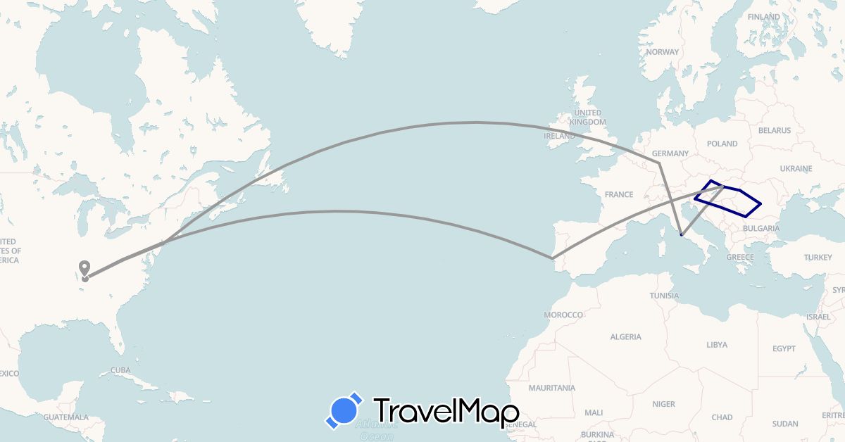 TravelMap itinerary: driving, plane in Bulgaria, Germany, Hungary, Italy, Portugal, Romania, Slovenia, Slovakia, United States (Europe, North America)